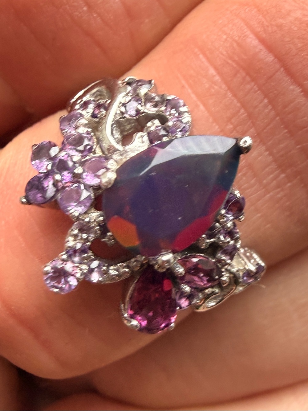 BLACK OPAL AMETHYST, RHODOLITE GARNET RING Sz7